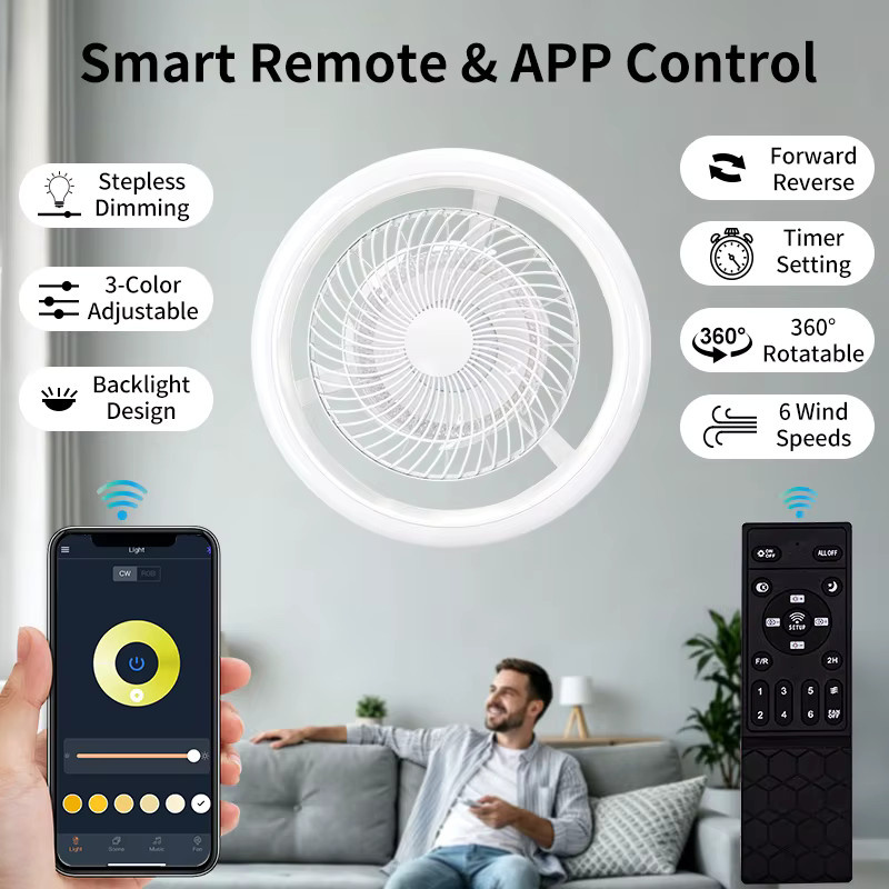 MARPOU Moderner LED-Deckenventilator in Weiß mit 360 Grad Rotation, 6-Gang Steuerung, dimmbarer Beleuchtung und Fernbedienung sowie App-Steuerung - Bild 2