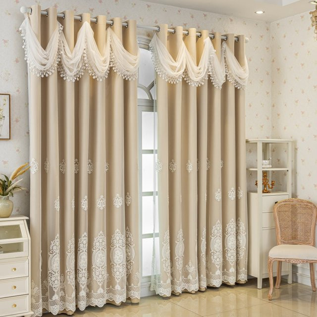 CENTURyMiG Vintage-Spitzenvorhang mit floraler Stickerei, halbtransparent, doppellagig, beige, B: 100 cm, H: 200 cm - Bild 1