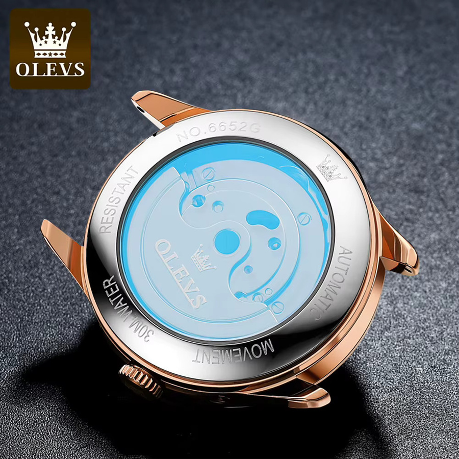 OLEVS Herrenuhr, Automatik, Leder, Schwarz, Roségold, Wochentag - Bild 2