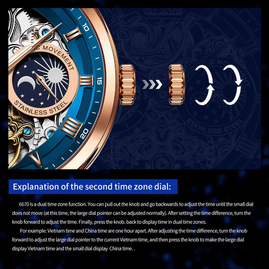 OLEVS Armbanduhr Automatik, Mondphase, Lederarmband, Blau, Herren - Bild 4