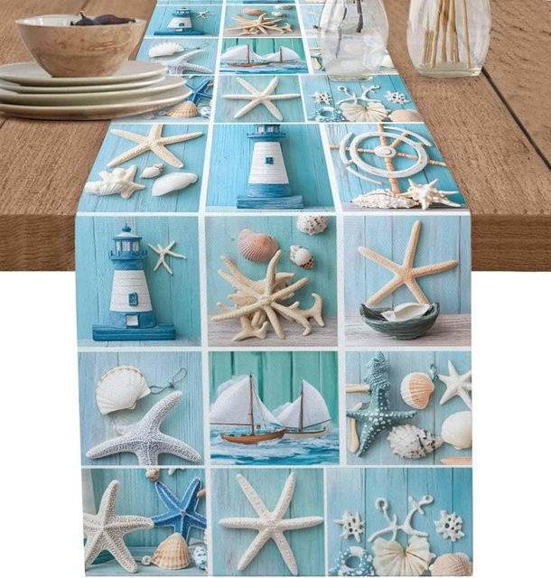 JINGYUE Pet Tischläufer mit Seestern-Motiv in Strandblau, B/T: 150 x 33 cm - Bild 1