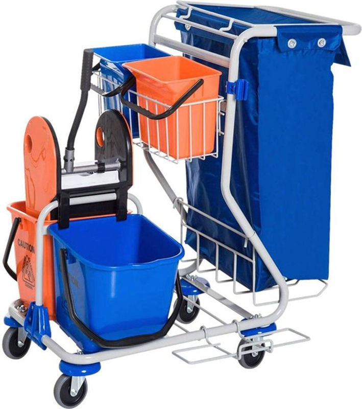 HOMCOM Professioneller Reinigungswagen mit Moppressel und 4 Eimern, Blau Orange, B/H/T: 93 x 97 x 80 cm - Bild 3