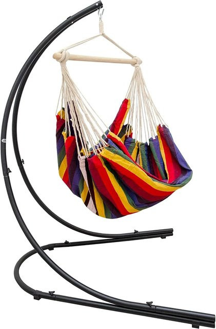 AMANKA Hängesesselgestell mit XXL Hängesessel aus Baumwolle in Regenbogen Multicolor, Standmodell mit 360 Grad Drehung und Metallrahmen - Bild 1