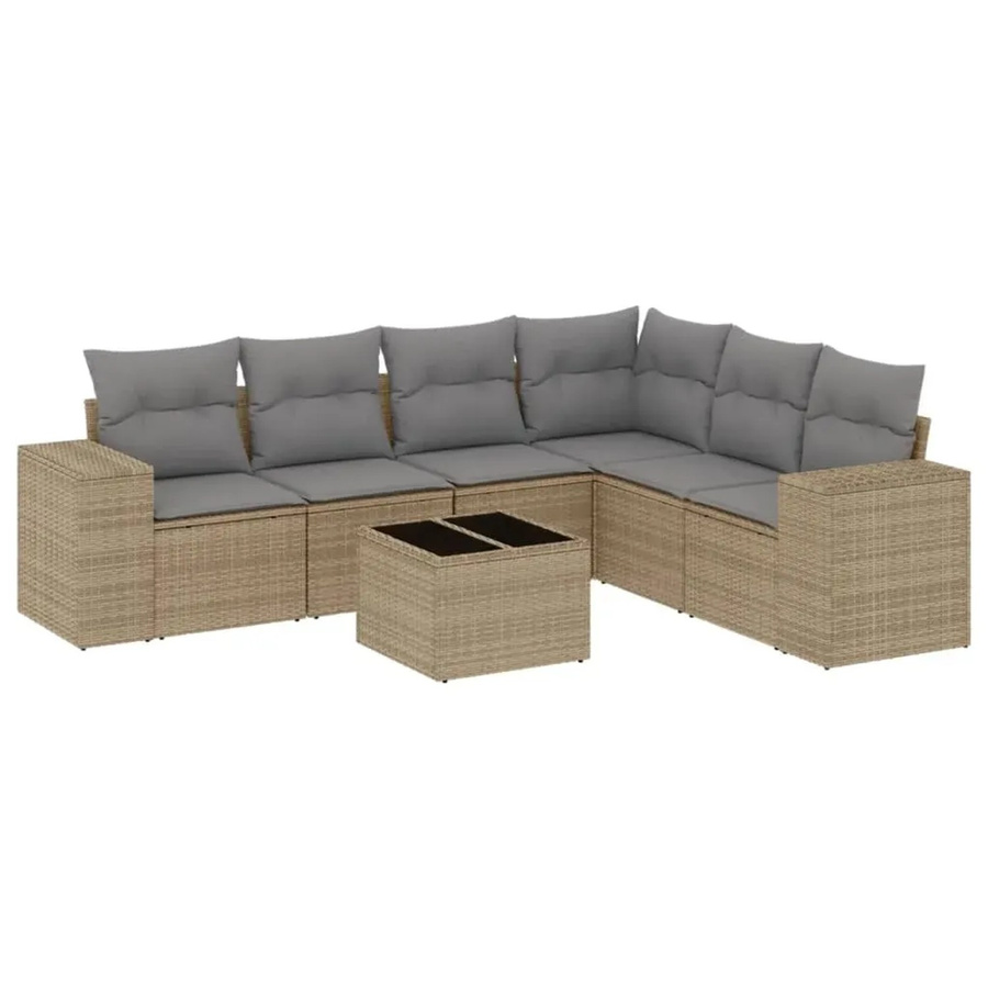 vidaXL 7-teilige Garten-Sofagarnitur in L-Form aus Poly-Rattan mit Kissen in Beige und Grau - Bild 2