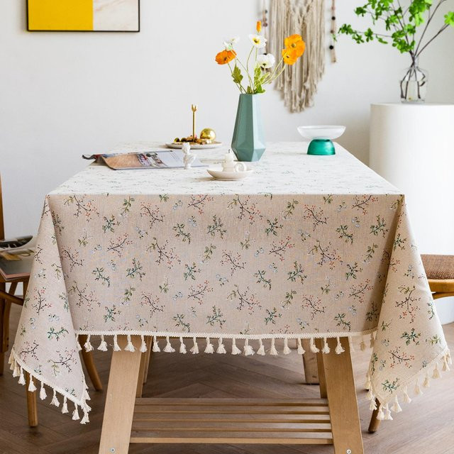 Vintage Tischdecke von Super Six aus Baumwolle und Leinen mit Blumenmuster und Quasten in Beige, B/T: 140 x 220 cm - Bild 1