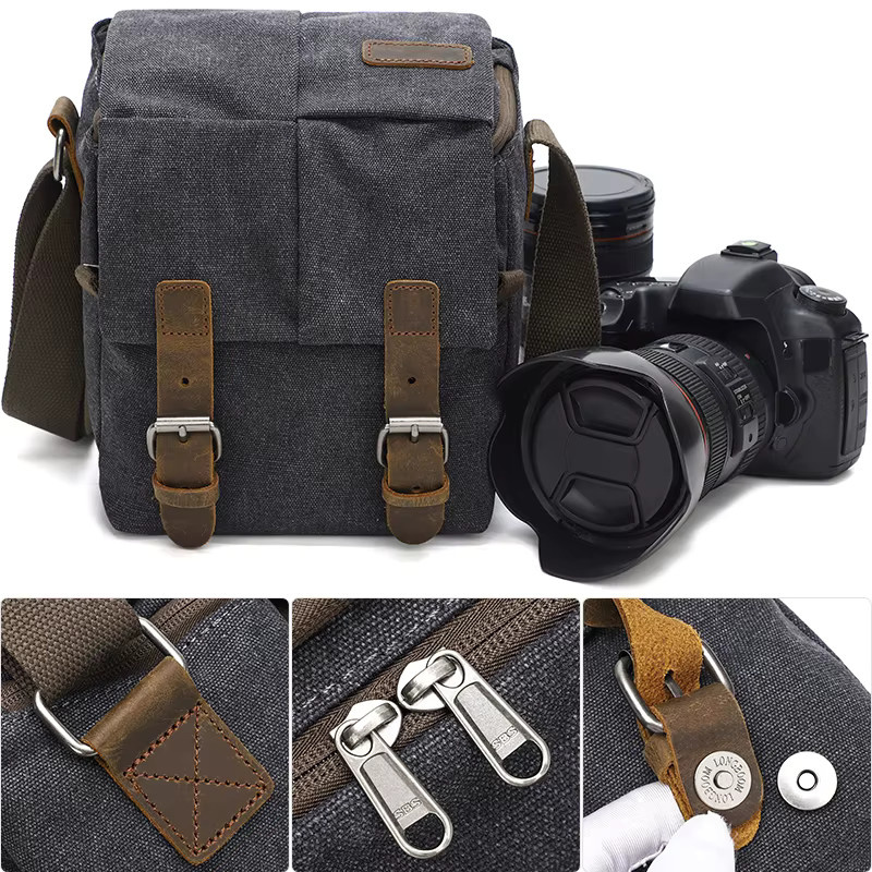 QISEMIAN Kameratasche als einschultrige Crossbody Outdoor Fototasche für DSLR und Digitalkameras in Grau - Bild 1
