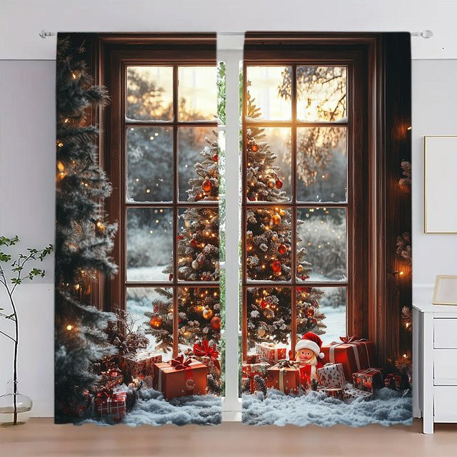 2er-Set Weihnachtsvorhänge mit Weihnachtsmotiv und Weihnachtsbäumen, halbtransparent, B: 75 cm, H: 165 cm - Bild 1