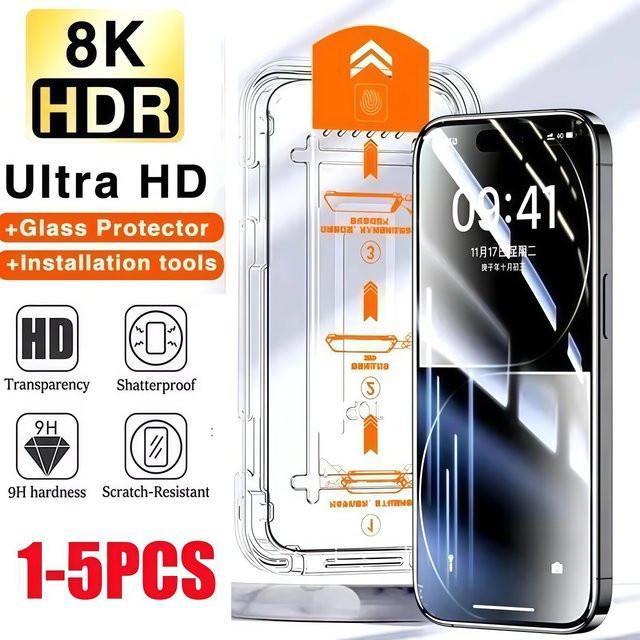 PJPK HD Displayschutz aus gehärtetem Glas für iPhone 17 16 Pro Max 17Air XR 15 14 Pro 13 12 11 Mini, transparent, staubfreie einfache Installation - Bild 1