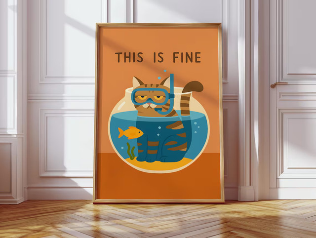 Digitaler Download der Wandkunst This Is Fine Cat von SHENCHEN als druckbare orangefarbene Katzen-Wanddekoration - Bild 1