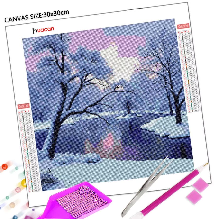 HUACAN Diamantmalerei Set Landschaft mit Schnee Fluss und Wald, Full Round Mosaik Kunstset, B/H: 20 x 20 cm - Bild 2