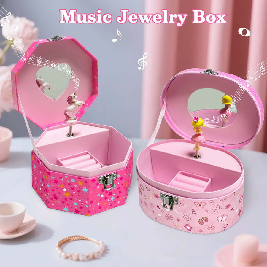 Musikalische Schmuckschatulle für Damen in Pink mit floralem Design und Spiegel, ovale Aufzieh-Musikbox als Organizer für Ringe und Halsketten - Bild 1