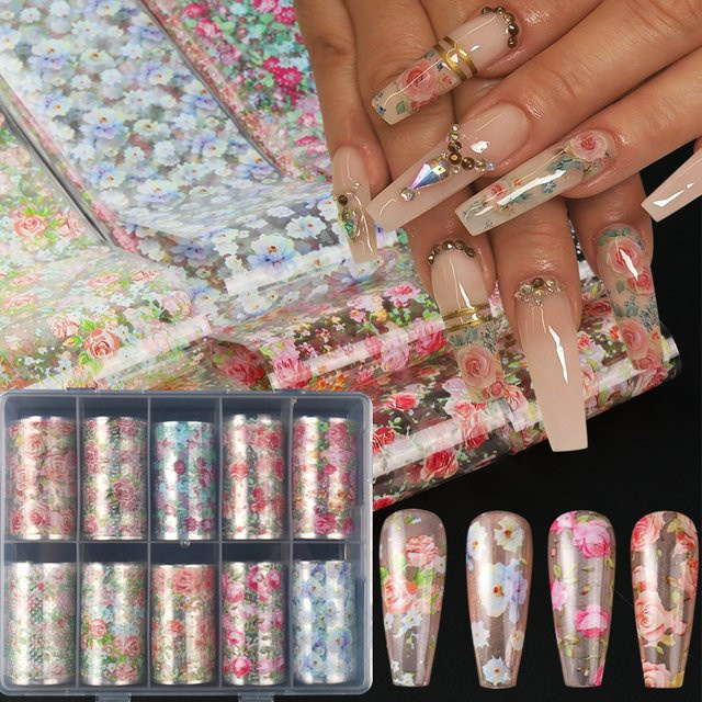 Full Beauty Rosenblüten-Nagelfolien-Transferaufkleber, 10 Rollen, Blumenmuster - Bild 1
