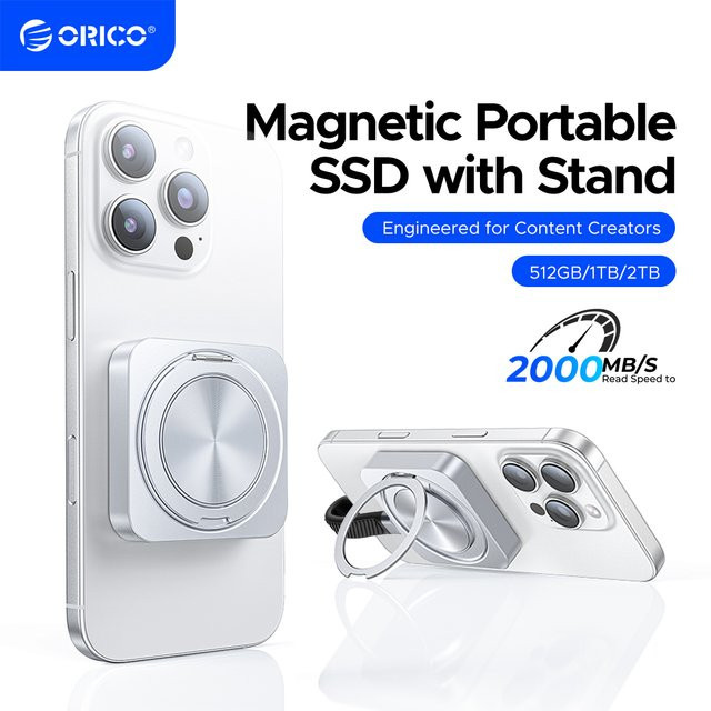 ORICO Magnetische externe SSD mit 360-Grad-Drehständer und MagSafe Unterstützung, bis zu 2000 MB/s, Aluminiumlegierung, Silber - Bild 1