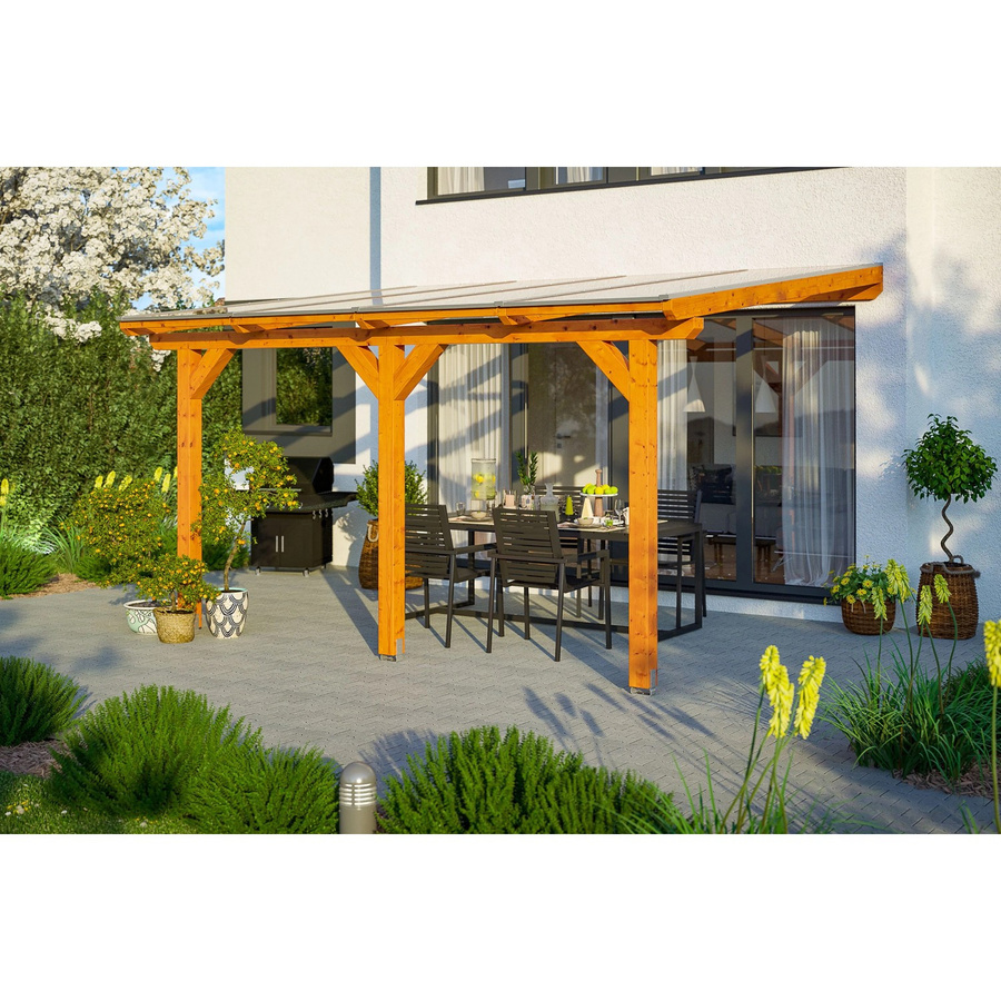 Skan Holz Terrassenüberdachung Andria aus Leimholz Eiche hell mit Polycarbonat-Dach B/T/H: 434 x 350 cm - Bild 2