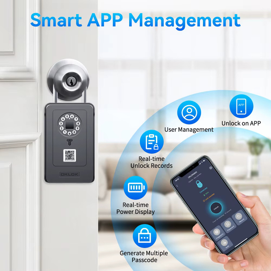 OKLOK Smart Key Lock Box mit Fingerabdruck und Bluetooth, wasserdichte Wandmontage, Schwarz - Bild 3