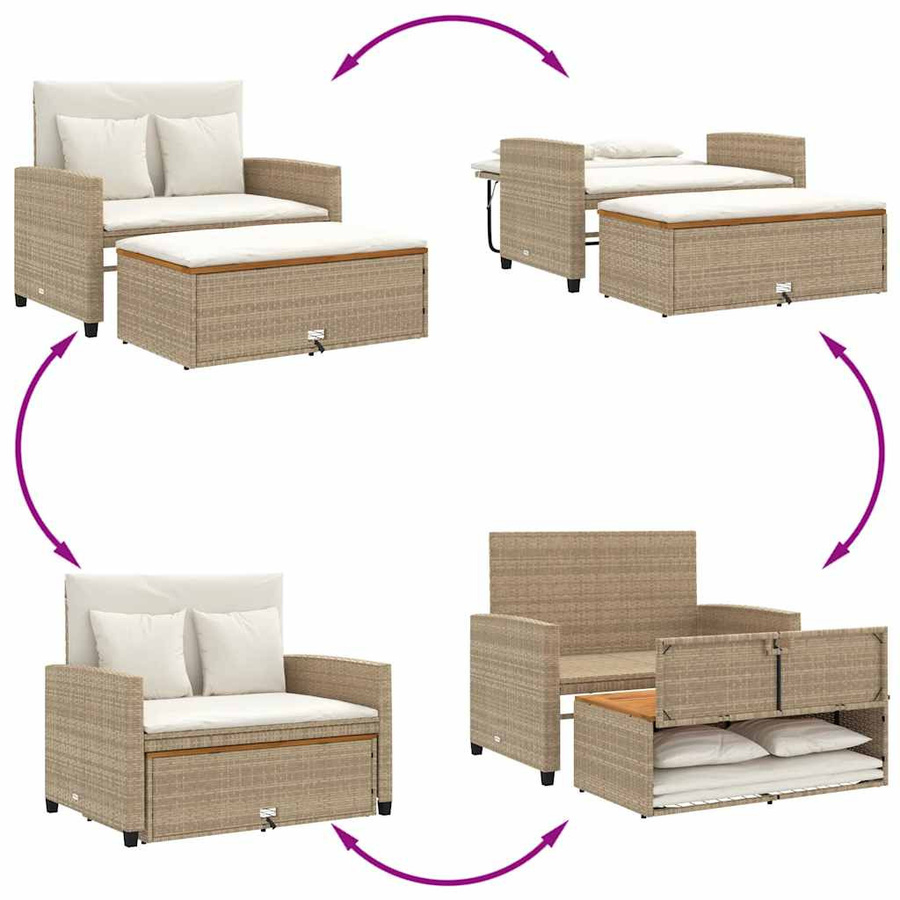vidaXL Gartensofa 2-Sitzer Schlafsofa aus PE-Rattan und Akazie in Beige und Cremeweiß - Bild 3