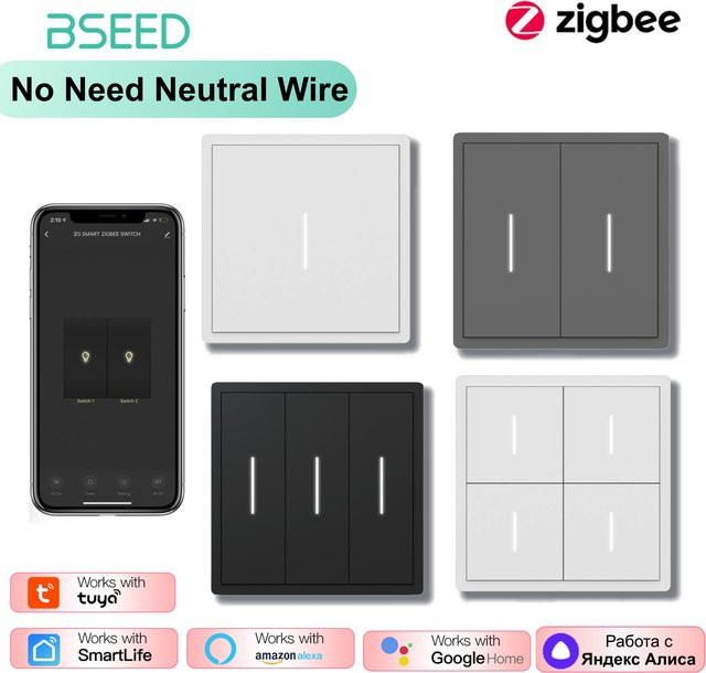 BSEED ZigBee Lichtschalter mit mechanischer Großtaste, weiß, kompatibel mit Tuya Smart Life, Google Assistant und Yandex, ohne Neutralleiter - Bild 1