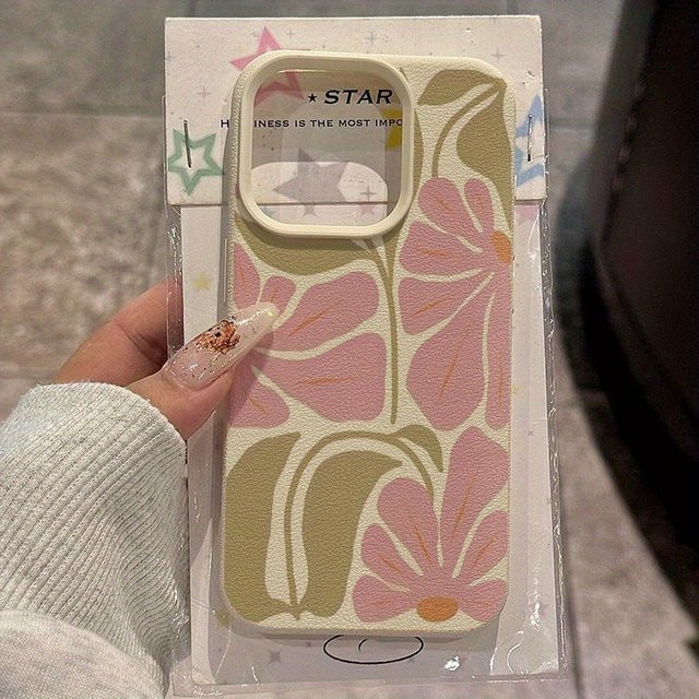 Rosa Handyhülle mit Blumenmuster und Litschi-Textur für Apple iPhone 11 12 13 14 15 16 17 Pro Max Plus Air X XS XR 16E Softcover - Bild 1