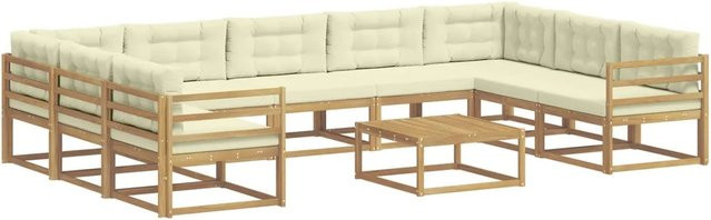 vidaXL Outdoor-Sofagarnitur aus massivem Akazienholz mit 10 Kissen in Weiß, Beige und Braun - Bild 1