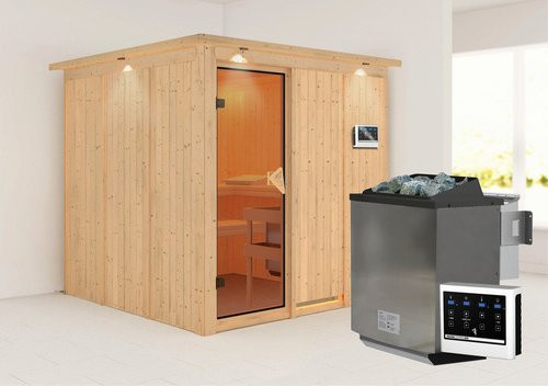 Karibu Sauna Valga aus Fichtenholz in Beige inklusive 9 kW Bio-Kombi-Saunaofen mit externer Steuerung für 4 Personen, B/T/H: 210 x 202 x 210 cm - Bild 1