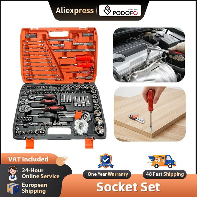 Podofo 121-teiliges Ratschen- und Steckschlüssel-Set in Multicolor mit 1/2 Zoll, 3/8 Zoll und 1/4 Zoll Ratschen sowie Hülsen und Kombischlüsseln für Autoreparaturen und Mechanikerarbeiten - Bild 1