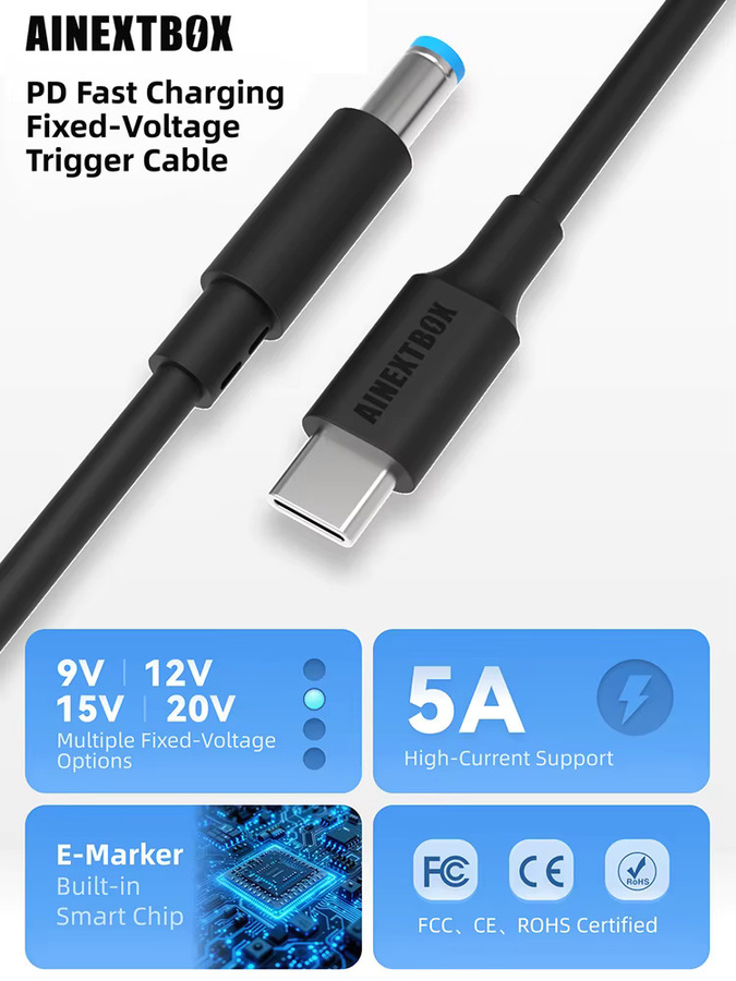 AINEXTBOX PD-Triggerkabel Typ-C auf DC Schnellladekabel 100W 5A 9-20V Schwarz - Bild 5
