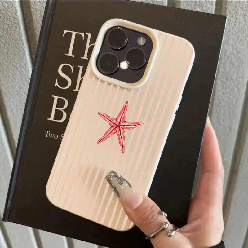 Preppy iPhone Handyhülle aus Leder mit rosa Streifen und roten Seesternen für Apple iPhone 17 16 15 14 13 12 11 Pro Max - Bild 3