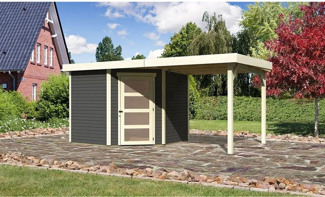 Karibu Gartenhaus Schwandorf 5 aus Holz in Terragrau mit Flachdach und Anbaudach B/H/T: 242 x 246 x 242 cm - Bild 1