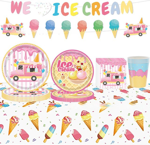 20er Set Sommer Party Dekoration aus Papier mit Eis-Motiven, Tischdeko und Wimpelketten, Mehrfarbig - Bild 1