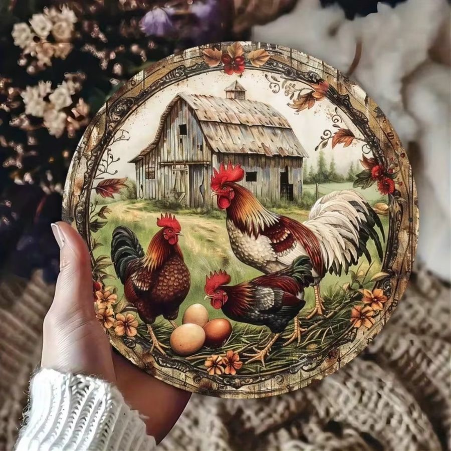 Rustikales Vintage Bauernhaus-Huhn-Metallschild von Hello Young in Weiß mit Blumen und Eiern, B/H: 20,3 x 20,3 cm - Bild 4
