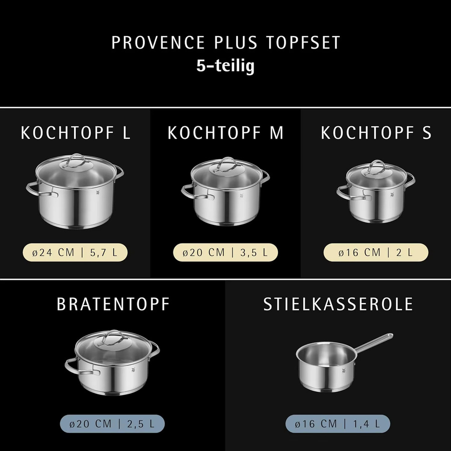WMF Provence Plus Topfset 5-teilig aus Edelstahl mit Glasdeckel, unbeschichtet, Farbe Silber, für Induktion und alle Herdarten geeignet - Bild 2