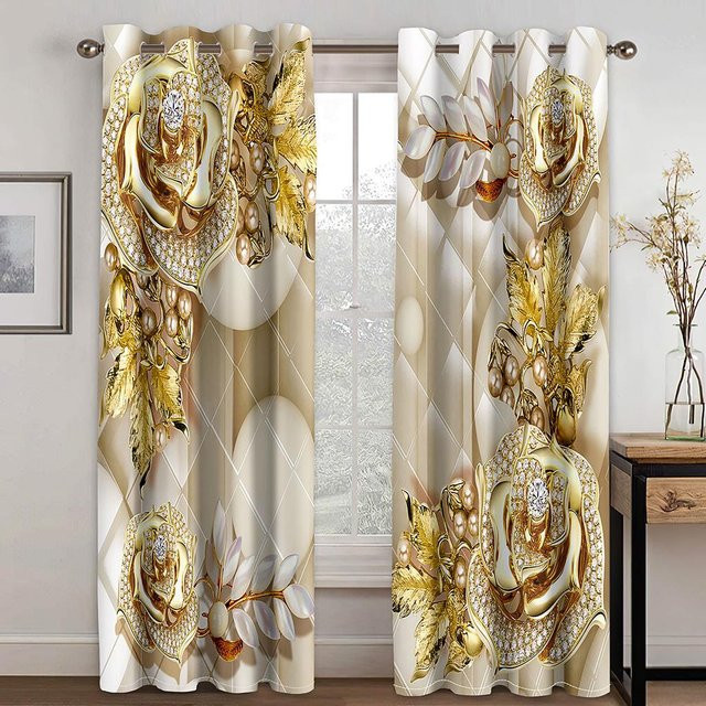 2er-Set Vorhänge mit goldenem Blumen-Kristall-Muster, semi-transparent, Polyester, B: 85 cm, H: 200 cm - Bild 1