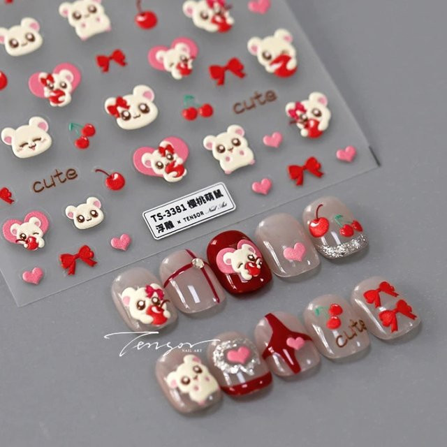 Rhstoe Nail Art Aufkleber, 5D Reliefs, Rote Kirsche, Hamster, Bowknot - Bild 1
