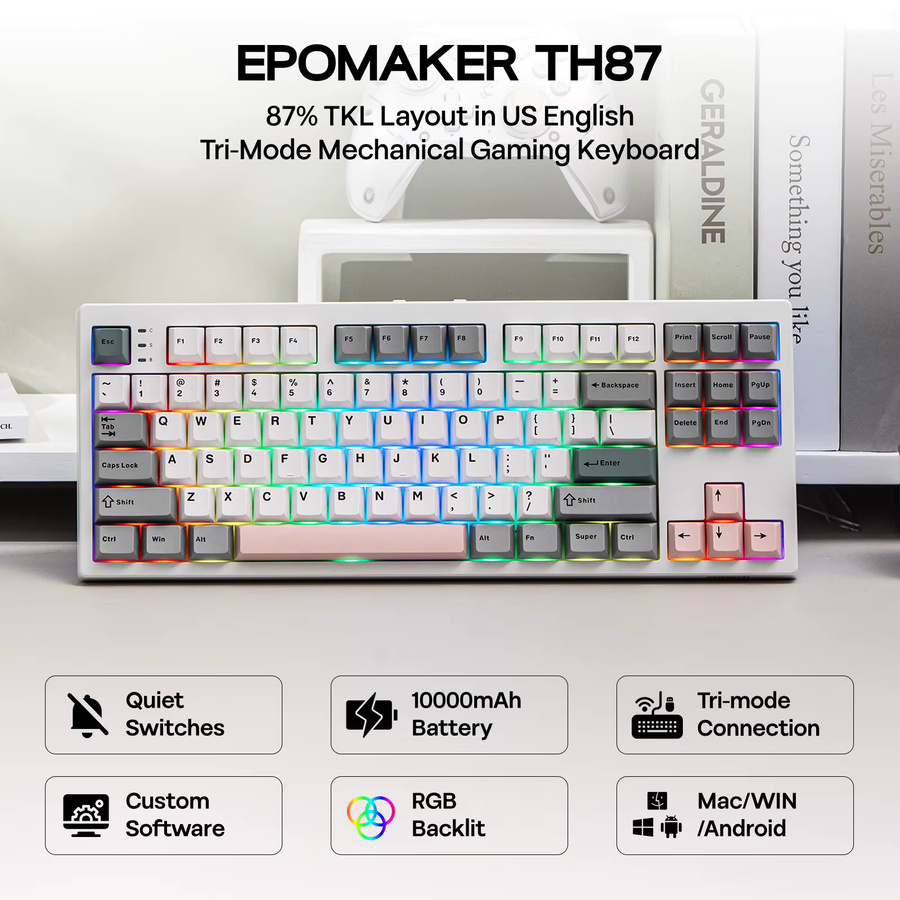 EPOMAKER TH87 TKL Mechanische Tastatur mit US ANSI Layout, Hot-Swap, RGB-Beleuchtung und 10000 mAh Akku, kabellos via Bluetooth oder 2,4 GHz sowie kabelgebunden - Bild 2