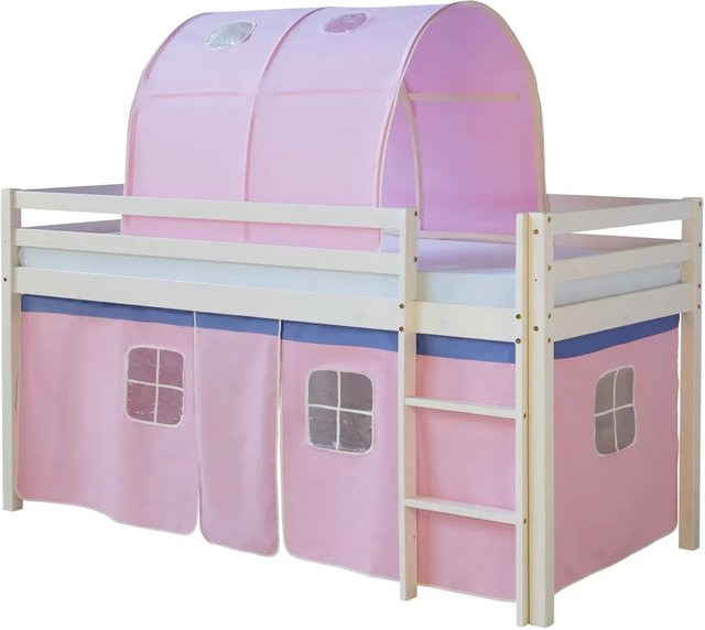 Homestyle4u Hochbett für Kinder aus Kiefernholz mit Vorhang in Rosa und Weiß - Bild 1