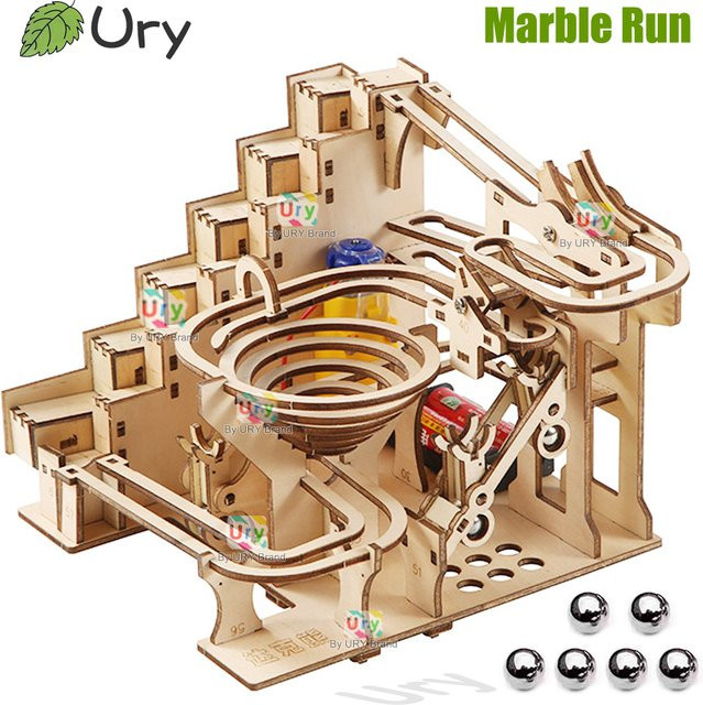 Ury 3D Holzpuzzle Elektrische Murmelbahn mit mechanischen Treppenstufen und 6 Kugeln in Naturholzfarben - Bild 1
