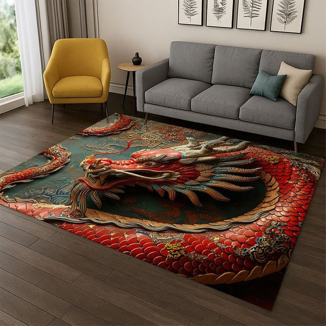 Faviora Rutschfester Kinderteppich mit Chinesischem Traumdrachen-Loong-Motiv in Mehrfarbig für Wohnzimmer, Schlafzimmer und Spielzimmer - Bild 1