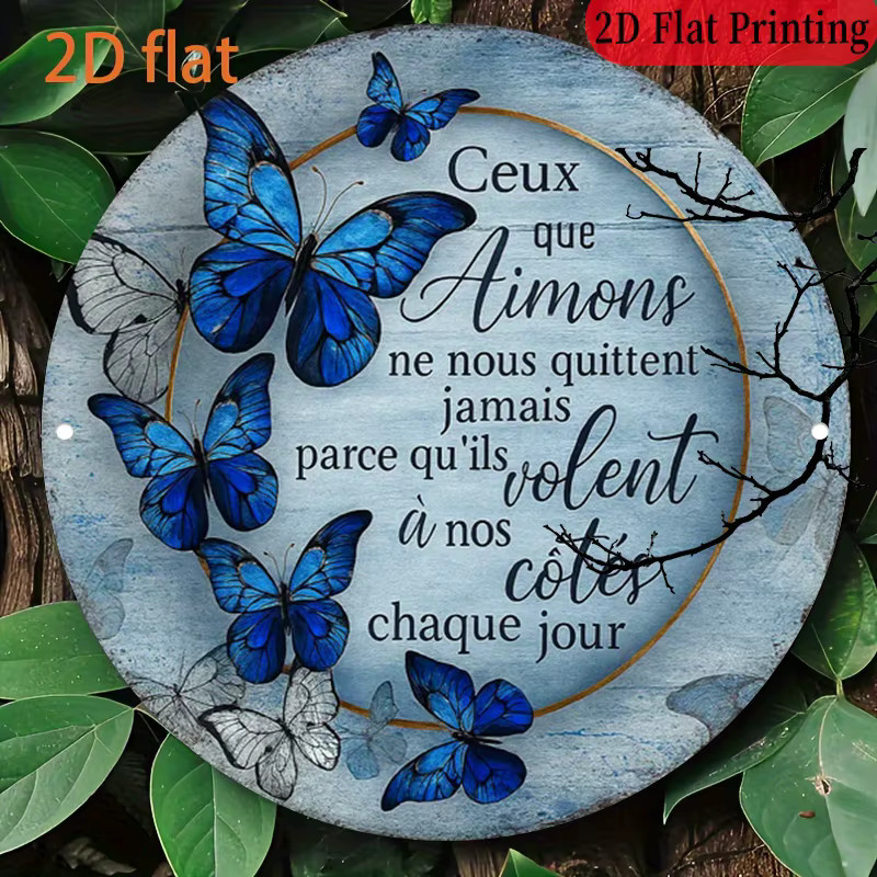 HELLOYOUNG Zweisprachige Schmetterlings-Gedenktafel aus Aluminium in Blau und Gold, rundes wetterfestes Metallschild für Garten und Friedhof, Durchmesser: 20 cm - Bild 2