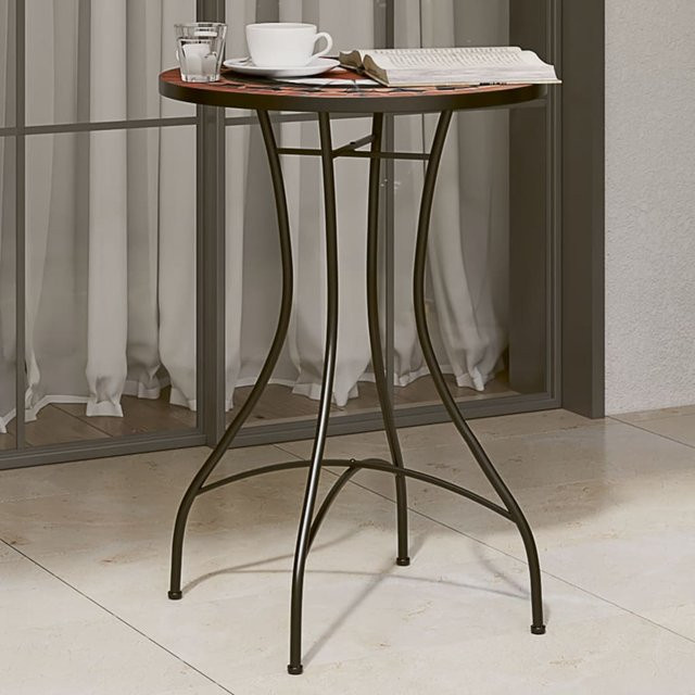 vidaXL Mosaik-Bistrotisch mit mediterranem Design aus Keramik und Eisen, Terrakottarot und Weiß, Durchmesser: 50 cm, Höhe: 70 cm - Bild 2