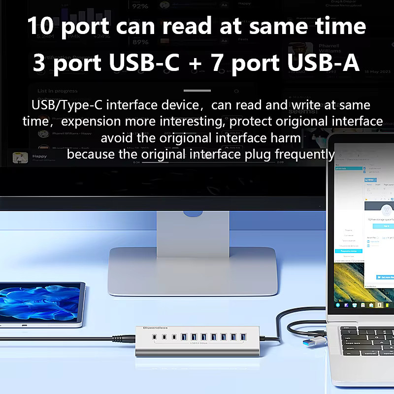 Kebidumei USB 3.0 Hub Dockingstation mit 4/7/10 Ports als USB-A und USB-C Expander aus Aluminium in Silber - Bild 2