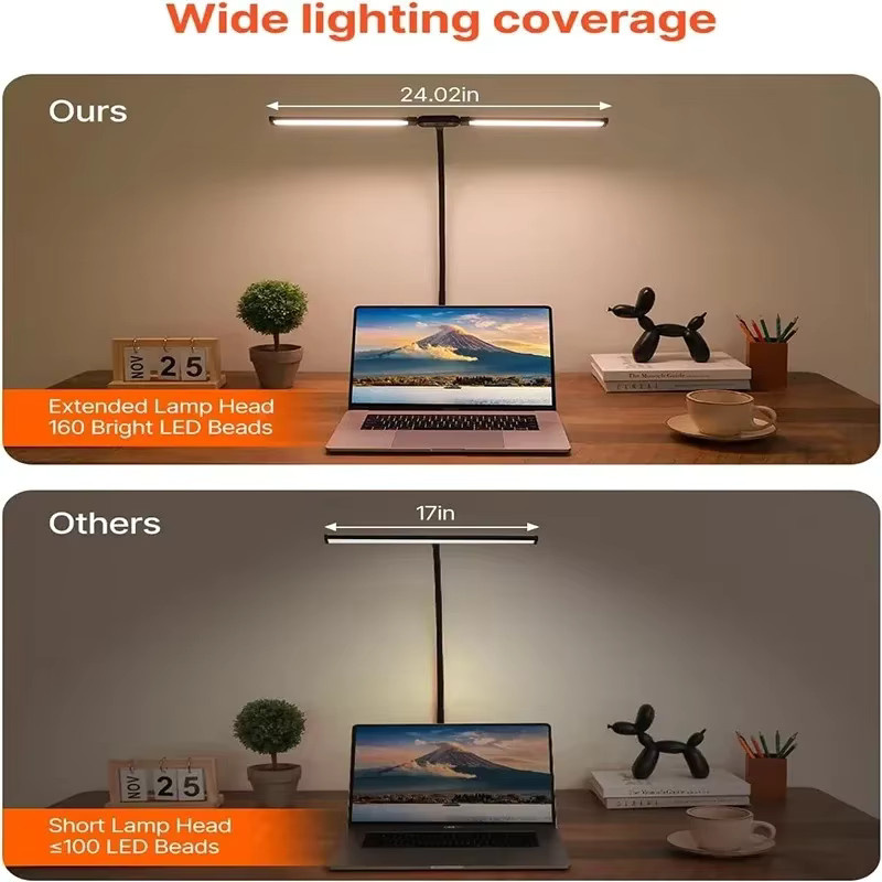 LINYILIGHT LED-Schreibtischlampe mit Doppelkopf in Schwarz, dimmbar mit 5 Farbmodi und USB-Anschluss für Home Office und zum Lesen - Bild 4