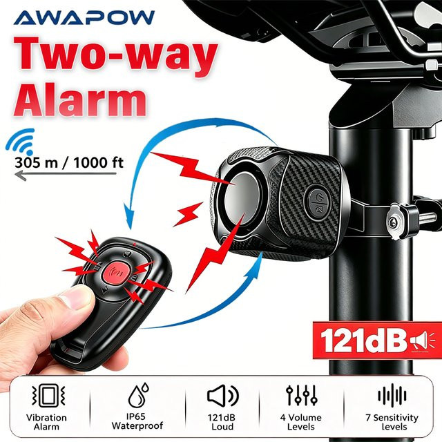 Awapow Kabelloser Ein- und Zwei-Wege-Vibrationsalarm in Schwarz mit 121 dB Anti-Diebstahl-Sensor für Motorrad, Fahrrad und Auto - Bild 1