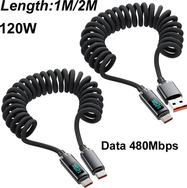 120W Auto-Spiral-Datenkabel mit Digitalanzeige, einziehbares USB-C-auf-Typ-C-Ladekabel in Schwarz für iPhone 15, Samsung, Huawei und Xiaomi - Bild 1