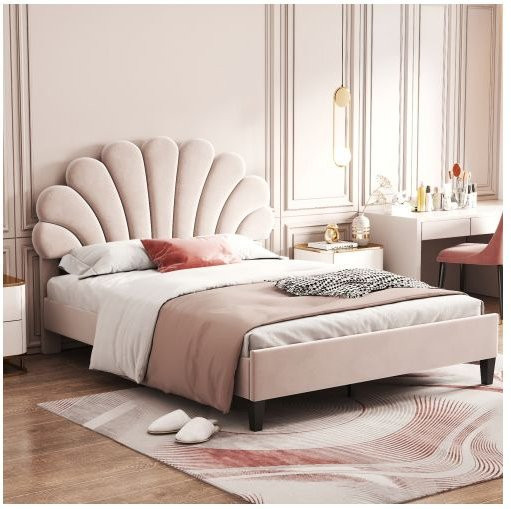 Gepolstertes Doppelbett MUVOE mit floralem Kopfteil in Beige, B/T/H: 140 x 200 cm - Bild 1
