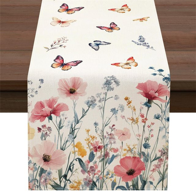 JINGYUE Pet Tischläufer aus Leinen mit Aquarell-Wildblumen und Schmetterlingen in Grau und Multicolour, Breite: 33 cm, Länge: 150 cm - Bild 1