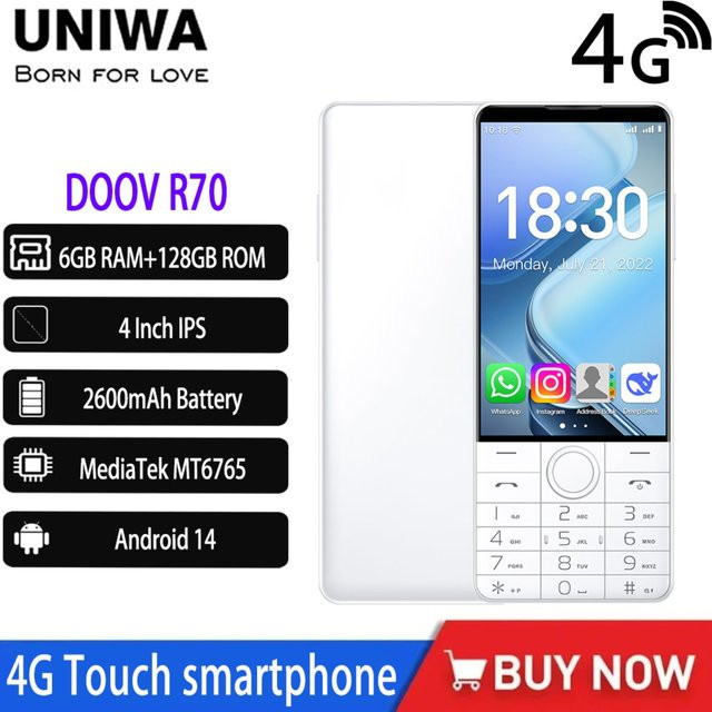 DOOV R70 4G Smartphone mit 4 Zoll IPS Bildschirm, 128 GB Speicher, 6 GB RAM, Android 14, Weiß - Bild 1