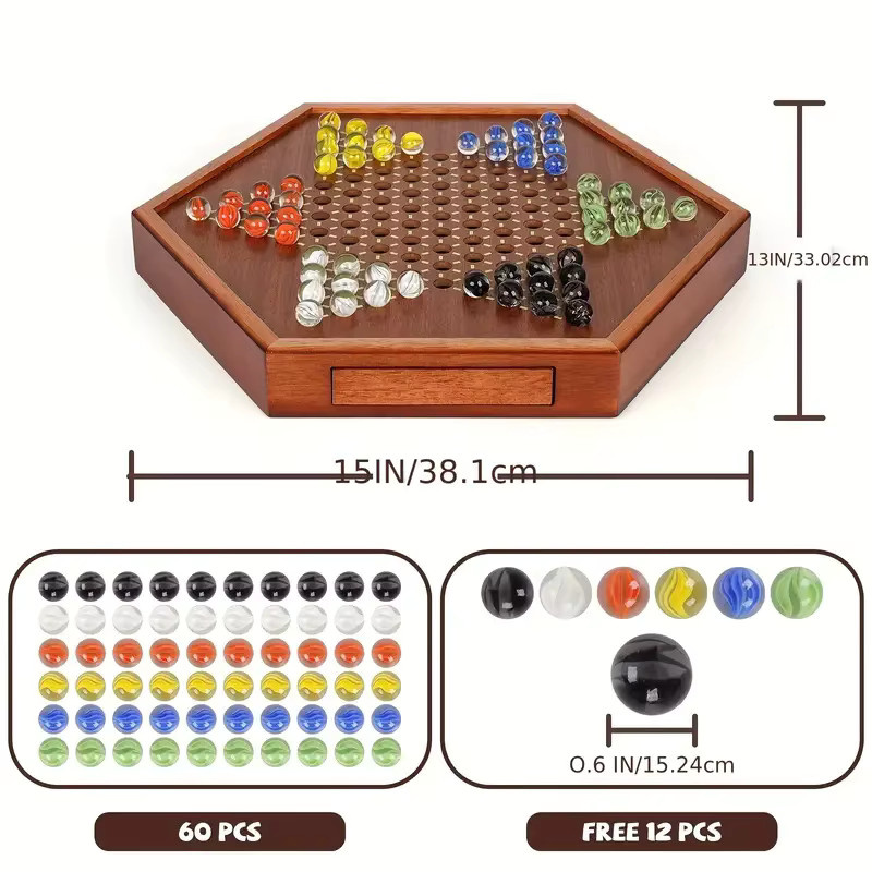 Yernea Schachbrett aus Holz, Brettspiel, 72 Glasmurmeln - Bild 2