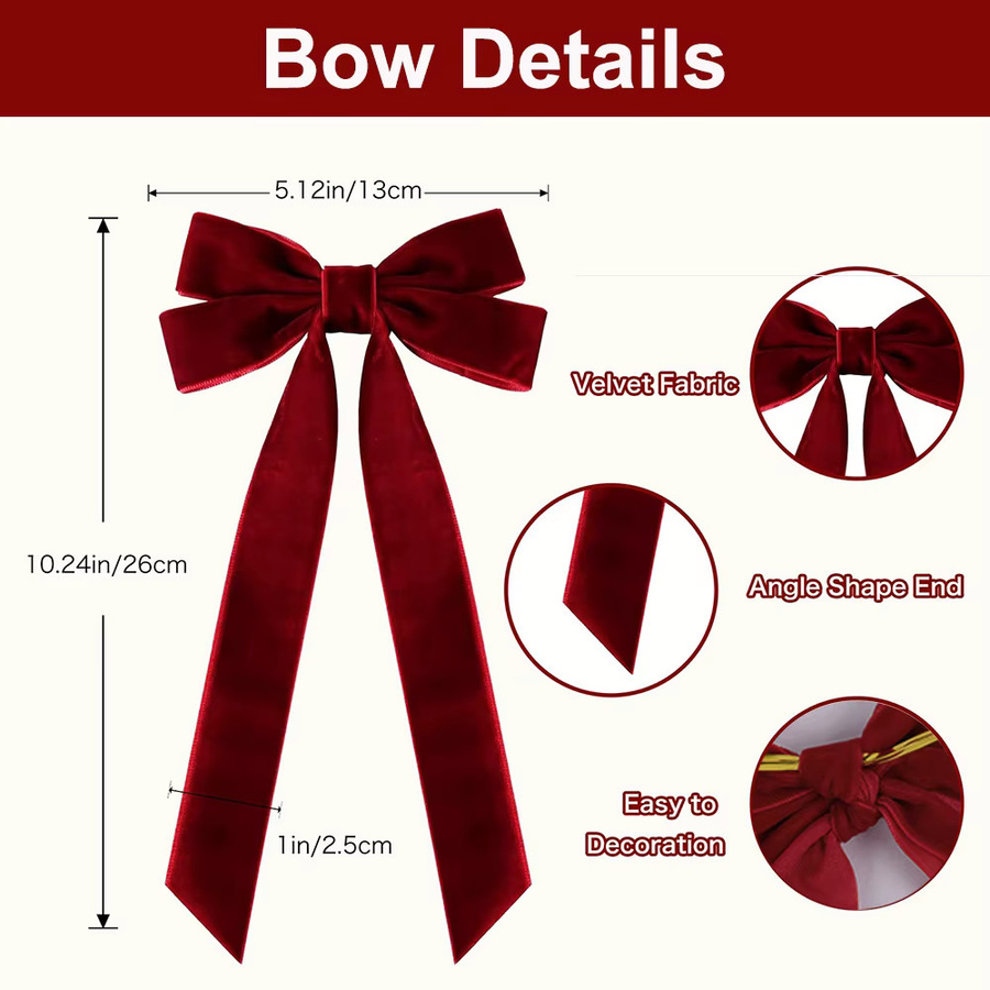 EsenTroye Weihnachtsschleifen aus Samt in Rot und Burgund für Weihnachtsbaum, Kranz und DIY-Dekoration, 10 Stück - Bild 2