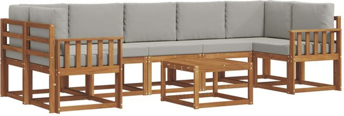 vidaXL Outdoor-Sofagarnitur aus Massivholz mit Kissen, 8-teiliges Loungemöbel-Set in Natur und Grau, modern und minimalistisch - Bild 1