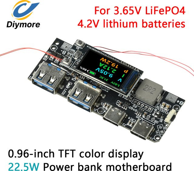 diymore 22,5W DIY Powerbank-Platine für LiFePO4 und Lithium-Batterien mit PD Multi-Protokoll Schnellladung, Schwarz - Bild 1